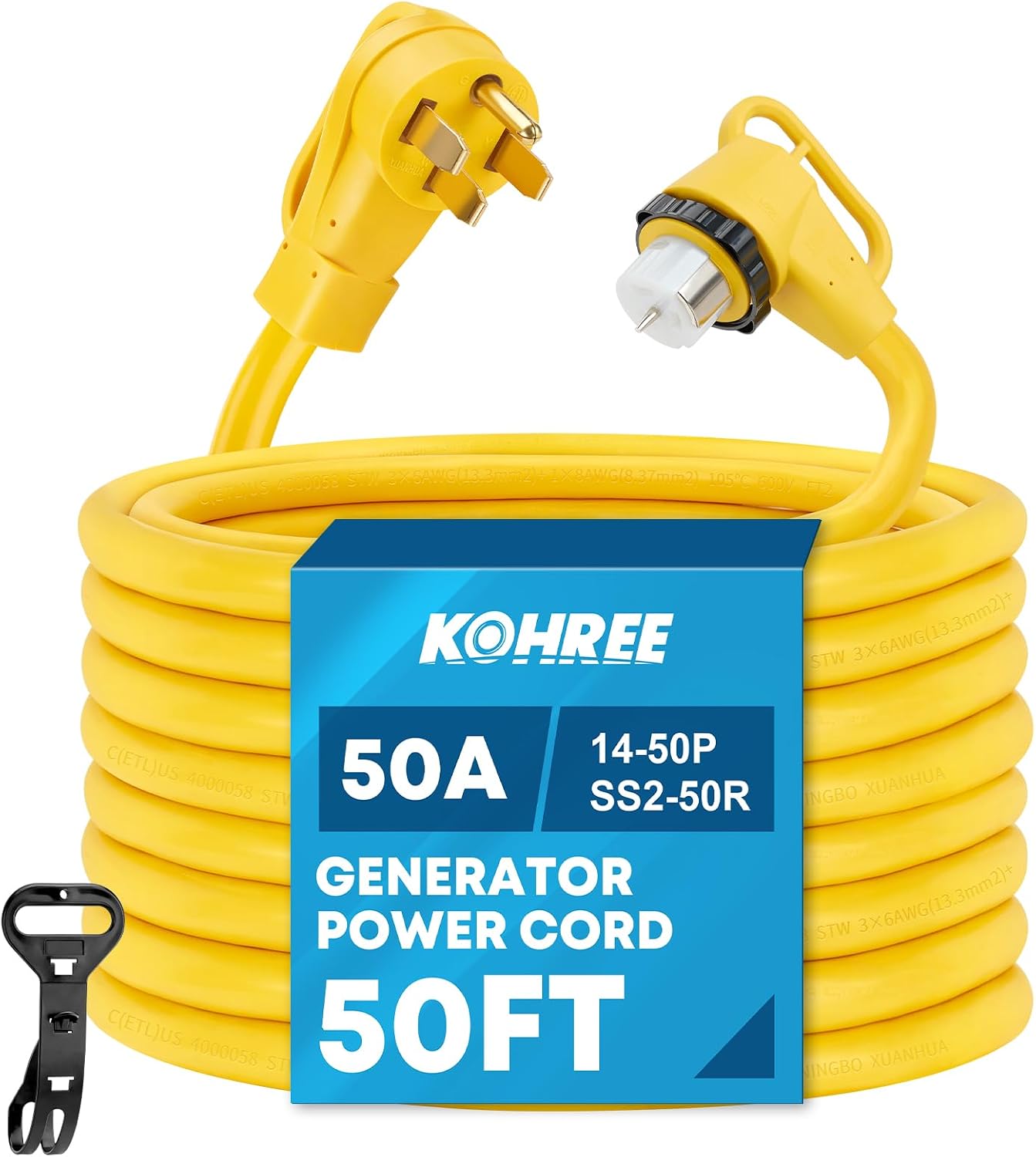 UL Listed 50 Feet 50 Amp Generator Extension Cord, NEMA 14-50P Male to SS2-50R 6/3+8/1 AWG 125/250V Heavy Duty Generator Power Cable with Twist Lock, Connectors for Generator to House