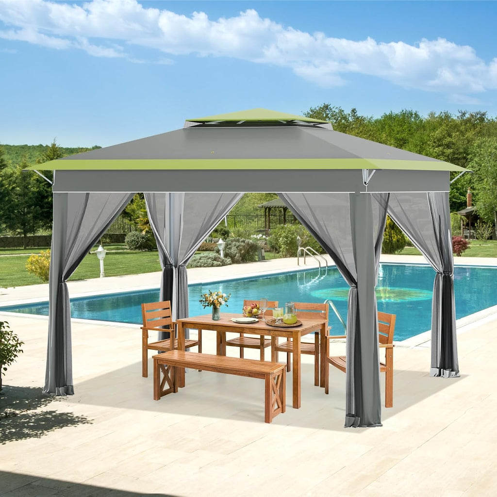ECOTOUGE 11x11 FT Pop Up Canopy Tent with Mosquito Nettings, Patio Party Instant Shelte Gazebo w/Carrying Roller Bag Waterproof and UV Resistant for Outdoor Garden, Grill and Backyard, Grey-Green