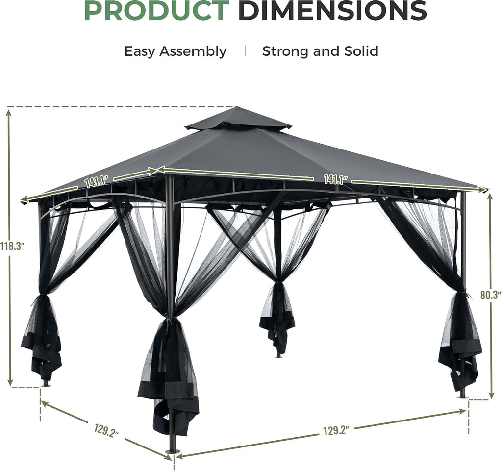 12' X 12' Patio Gazebo with Ventilation Double Roof, Outdoor Gazebo with Removable Mosquito Netting, Easy Up Metal Outdoor Canopy Shelter for Backyard, Garden, Lawn, Grey