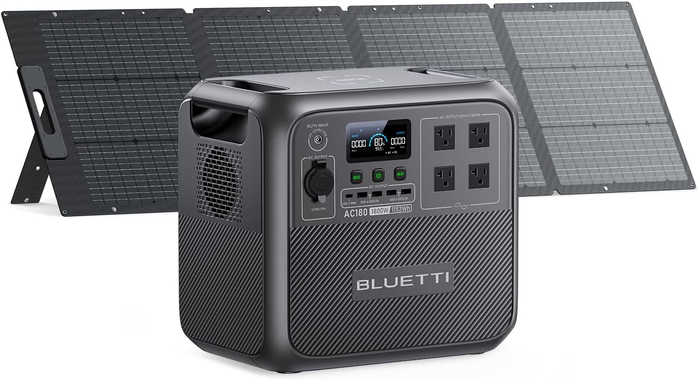 BLUETTI AC180 Solar Generator with 200W Solar Panel (Ships Separately), 1152Wh Portable Power Station w/ 4 1800W (2700W Surge) AC Outlets, LFP Power for Outdoor Camping, Trip, Power Outage