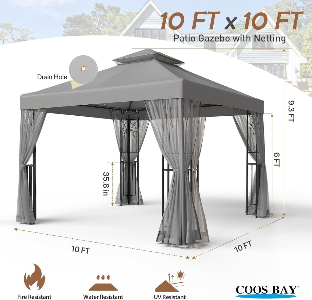 COOS BAY 10x10 Patio Gazebo with Corner Shelves, Two Tier Soft Top Canopy with Mesh Netting for Backyard, Garden, Lawn, Outdoor Events, Gray