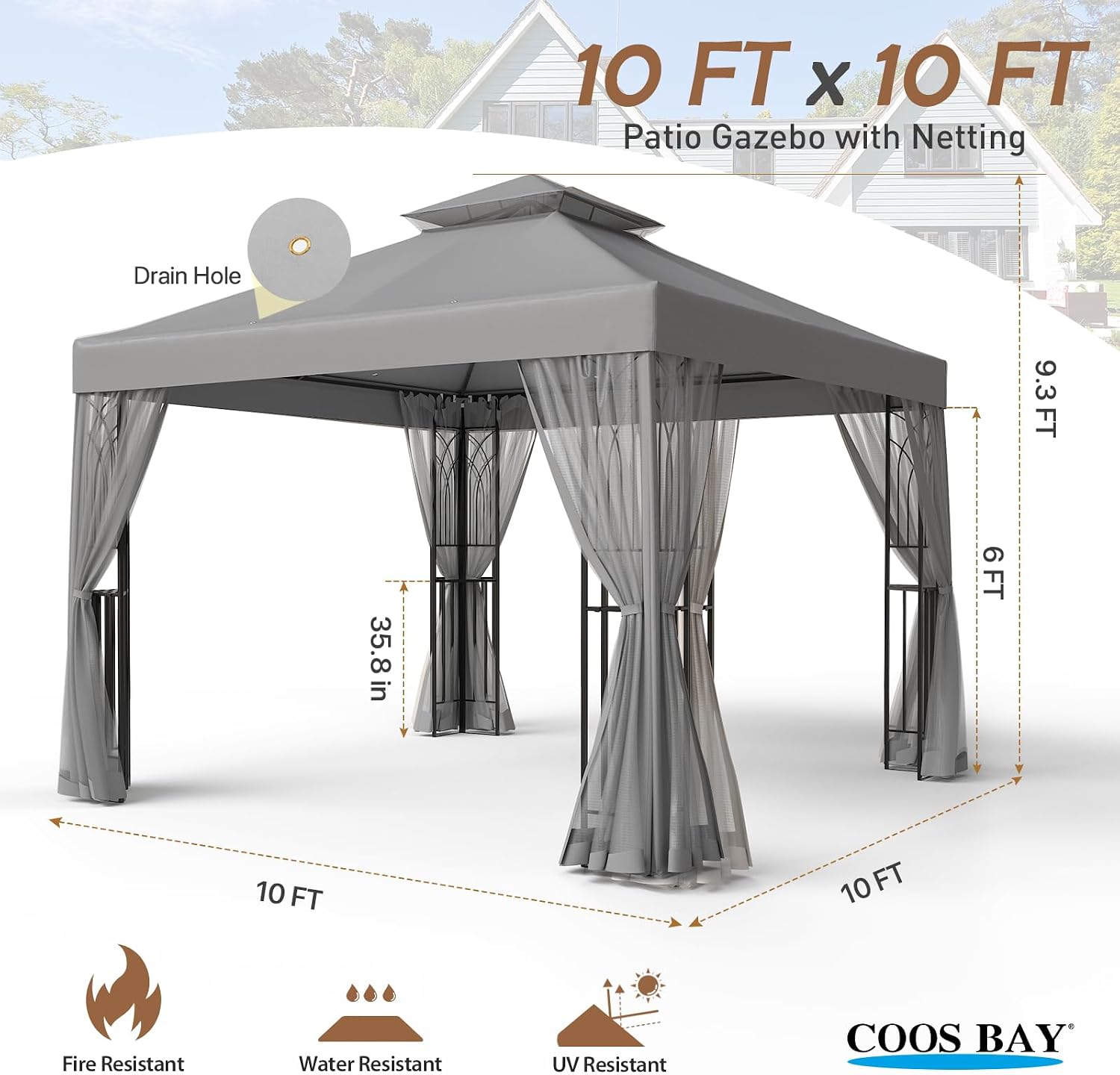 COOS BAY 10x10 Patio Gazebo with Corner Shelves, Two Tier Soft Top Canopy with Mesh Netting for Backyard, Garden, Lawn, Outdoor Events, Gray