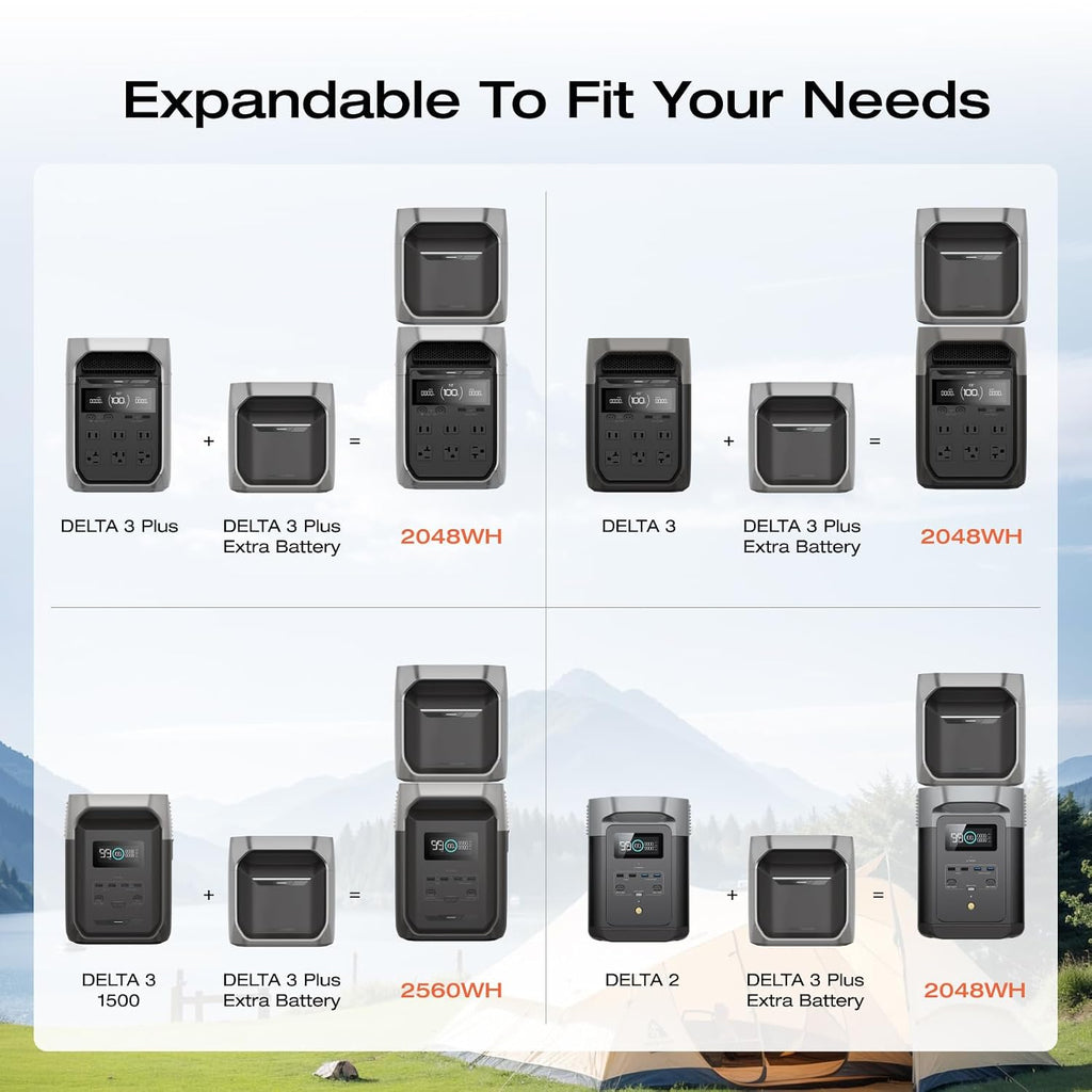 EF ECOFLOW Portable Power Station DELTA 3 Plus with Smart Extra Battery, Expand Capacity from 1024Wh to 2048Wh, Solar Generator for Emergency, Home Backup, Outdoor Camping