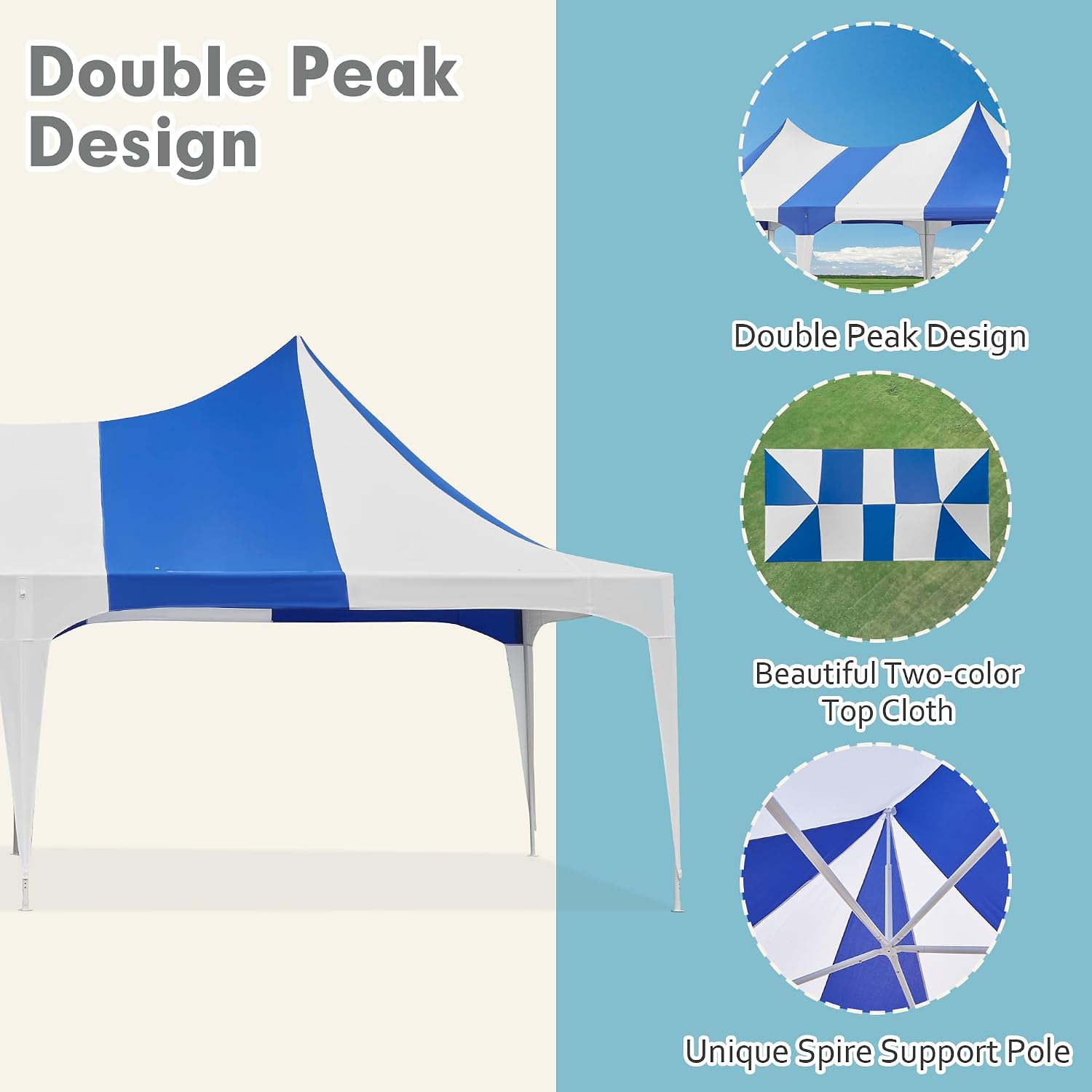 EROMMY 13x26ft Party Tent, Heavy Duty Wedding, Double Peaked Canopy Tent with Pole-Less Event Space, 60 Person Capacity Outdoor Gazebo Pavilion Shelter for Party, Event, White & Blue