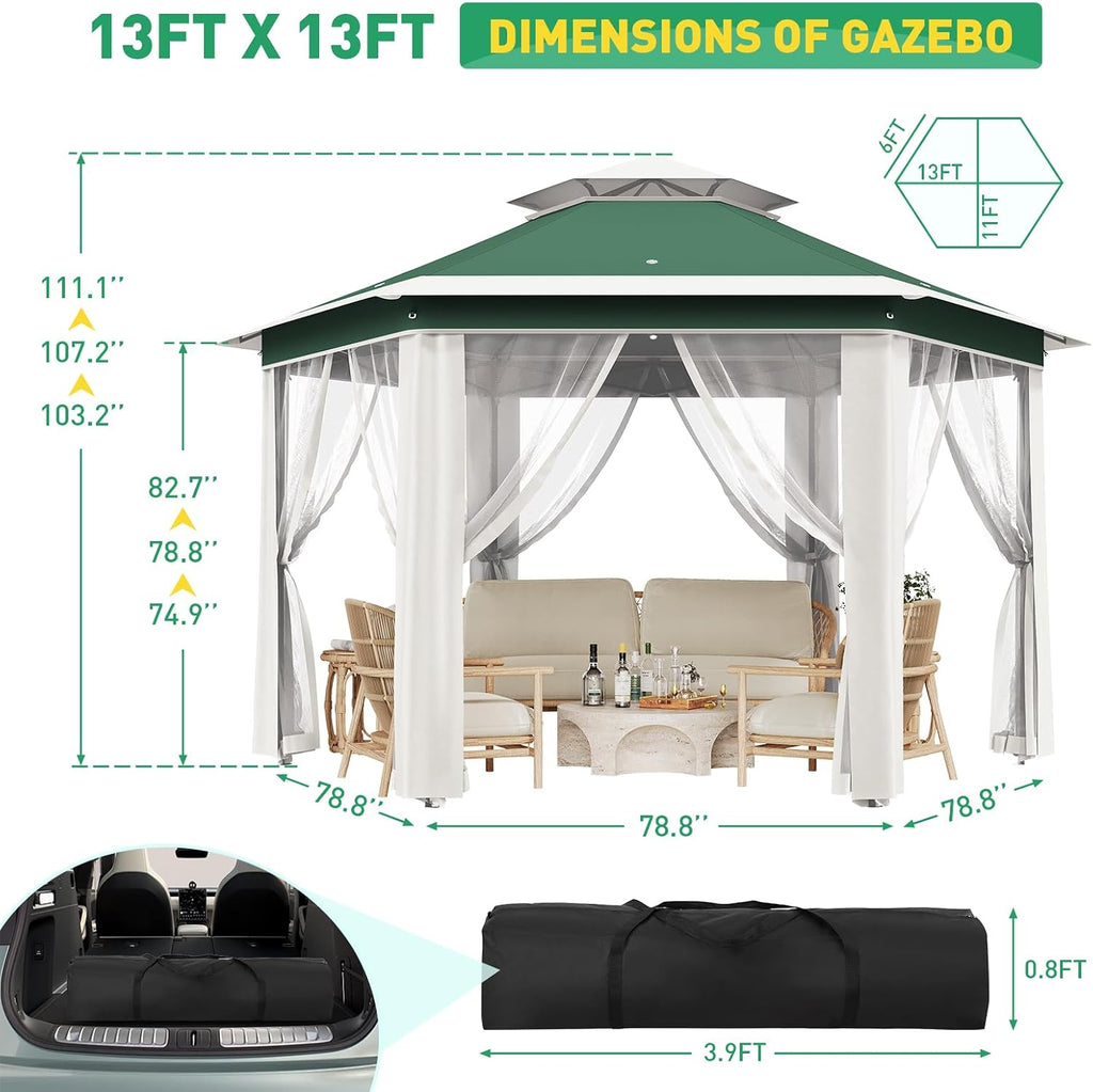 Pop-Up Gazebo 13 * 13 ft 6 Sided, Canopy Tent with Mesh Windows & Portable Carry Bag, Adjustable Tent Outdoor Pergola for Backyard & Patio Furniture (Green + Beige)