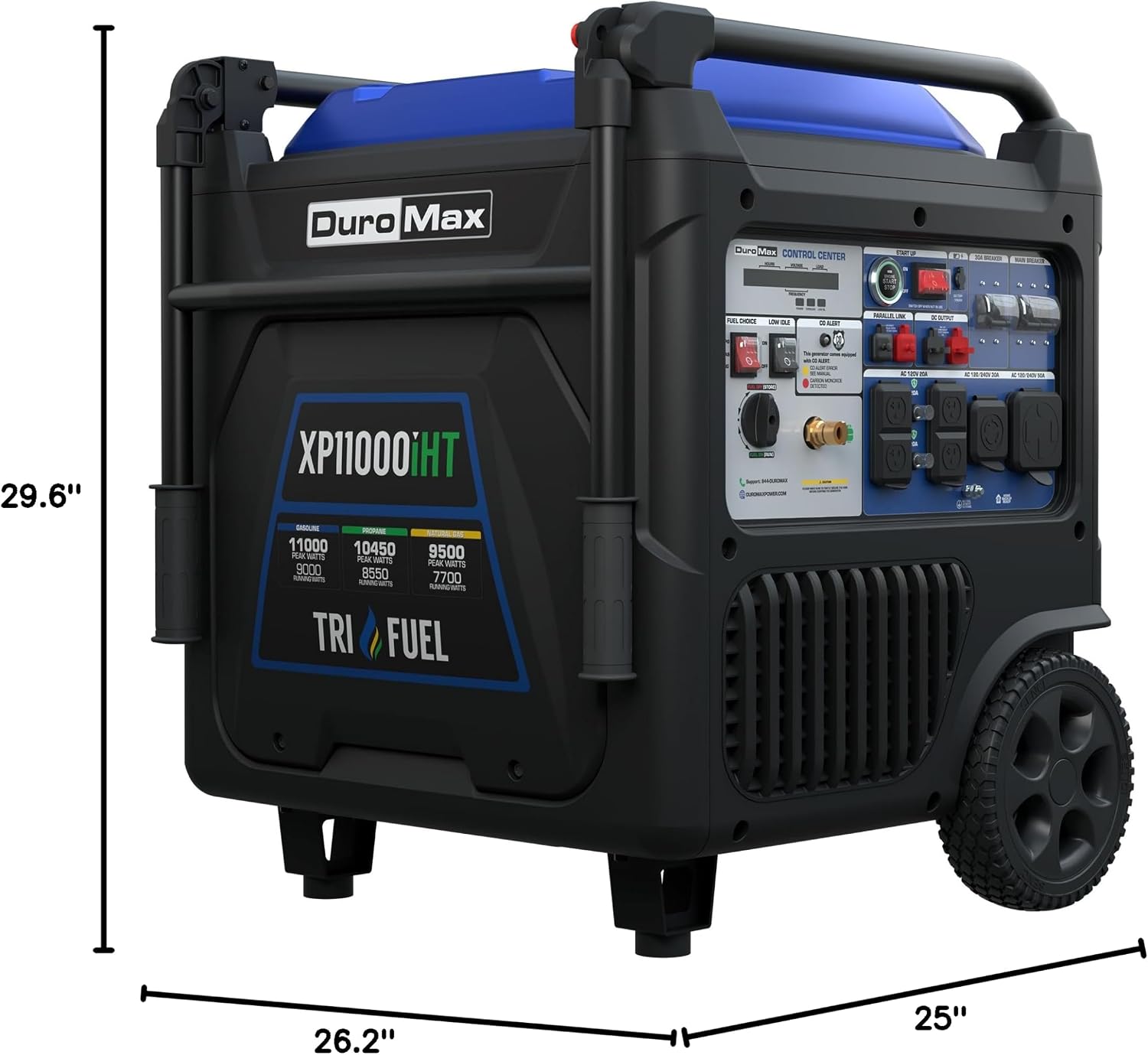 DuroMax XP11000iHT 11,000-Watt Tri Fuel Portable Digital Inverter Generator - Gas, Propane & Natural Gas, Remote Electric Start, Whole Home Power Backup, Transfer Switch Ready, RV & Emergency Ready