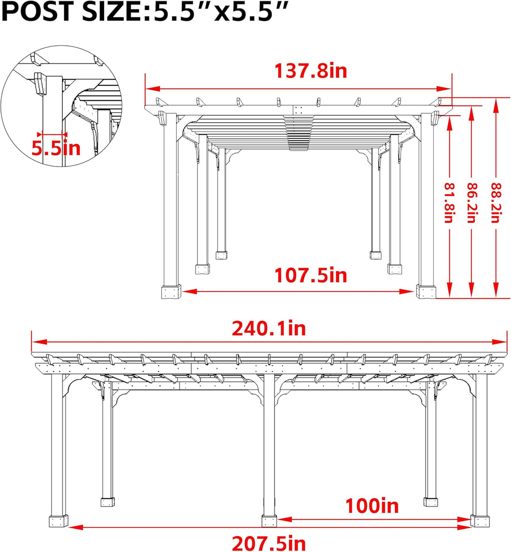 BlueWish 12'x20' Outdoor Pergola with 5.5' Thick Wind Support Structure, Cedar Wood Patio Pergolas, Pergola Kits Backyard Gazebo with Stakes for Deck Grill Party Garden