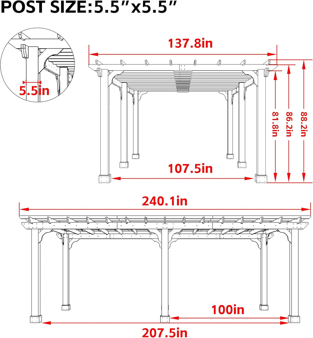 MUPATER 12x20 FT Cedar Wooden Pergola Gazebo for Patio, Stakes Included, Quality Supported Structure, Snow and Wind Supported, Outdoor Pergola Garden Shelter Cedar Framed for Backyard, Deck, Garden