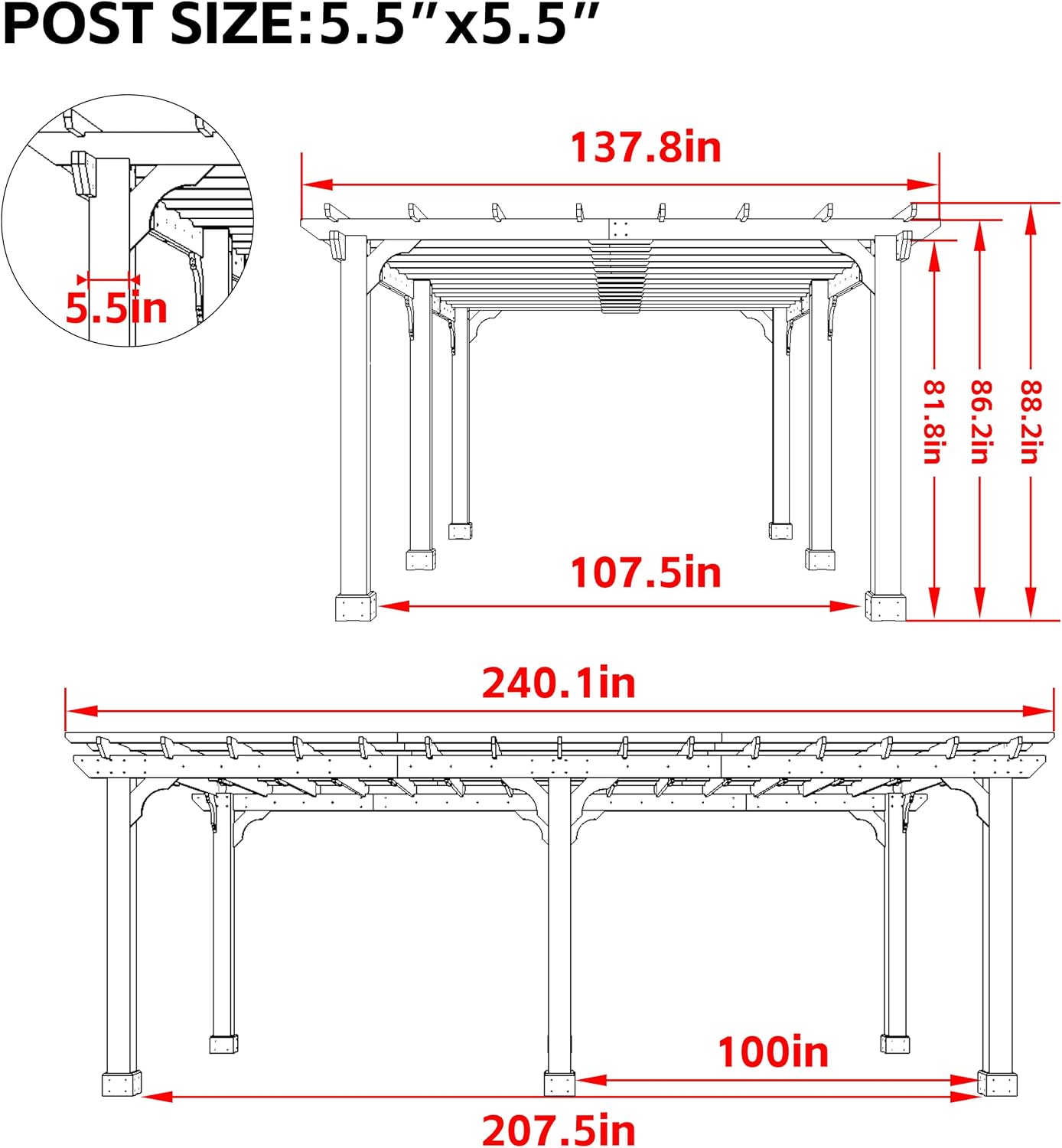 VEIKOU 12x20 FT Cedar Wood Gazebo, Outdoor Pergola with 5.5' Thick Snow Wind Support Structure, Pergola Kits with Stakes, Slatted for Patio, Backyard, Garden