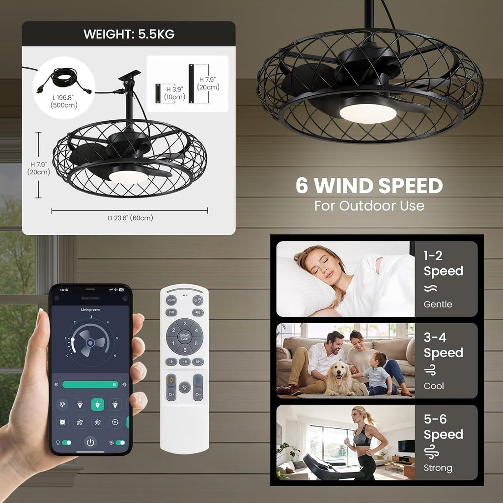 24' Outdoor Ceiling Fan with Light Hanging Plug in Caged Gazebo Fan Remote APP Control 3CCT Dimmable, Quiet Reversible DC Motor Waterproof for Patio Pergola Porch Canopy Black