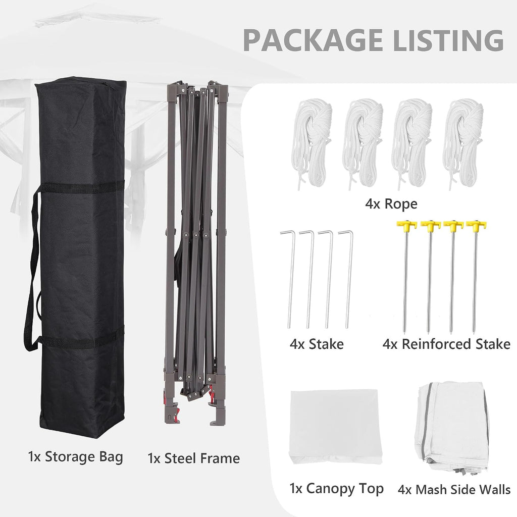 11x11 Pop Up Camping Shelters Tent, Outdoor Tent with Netting, Outdoor Shelters for Backyard, Screen House with Wheeled Cover Bag, White.