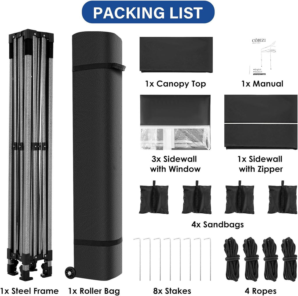COBIZI 10x10 Heavy Duty Pop Up Canopy Tent with 4 Sidewalls Thicken Frame, Commercial Easy Up Outdoor Wedding Party Tents, All Season Waterproof Windproof with Stakes Sandbags Ropes Roller Bag, Black