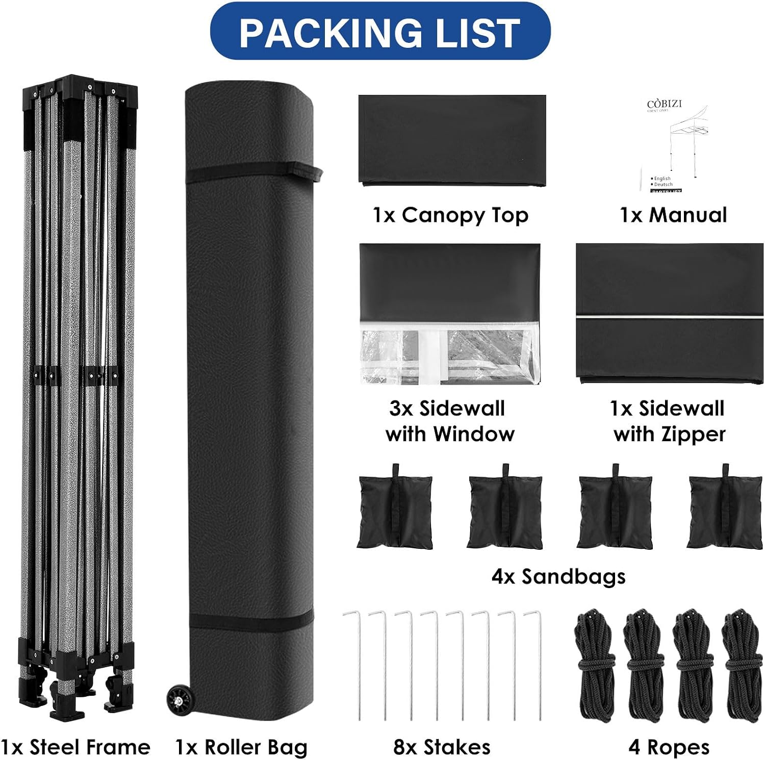 COBIZI 10x10 Heavy Duty Pop Up Canopy Tent with 4 Sidewalls Thicken Frame, Commercial Easy Up Outdoor Wedding Party Tents, All Season Waterproof Windproof with Stakes Sandbags Ropes Roller Bag, Black