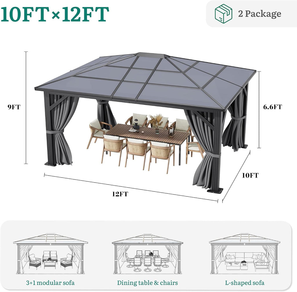 YITAHOME 10x12ft Polycarbonate Gazebo Single Top Outdoor with Netting and Shaded Curtains, Metal Frame Garden Tent for Patio, Backyard, Deck and Lawns, Gray