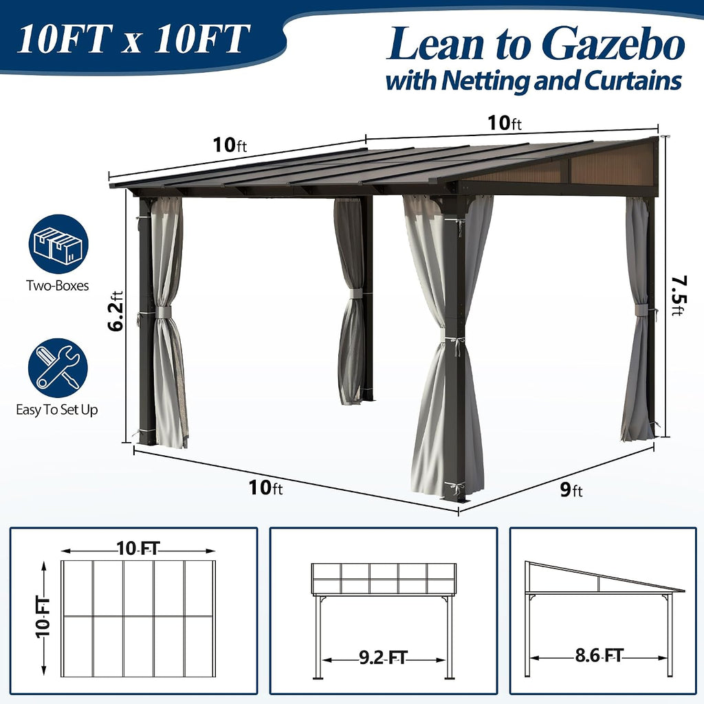 COVERONICS 10' X 10' Outdoor Polycarbonate Lean to Gazebo - Wall-Mounted Aluminum Frame Gazebo with Slope Hardtop, Patio Heavy-Duty Lean to Pergola with Netting & Curtains for Garden, Backyard, Deck