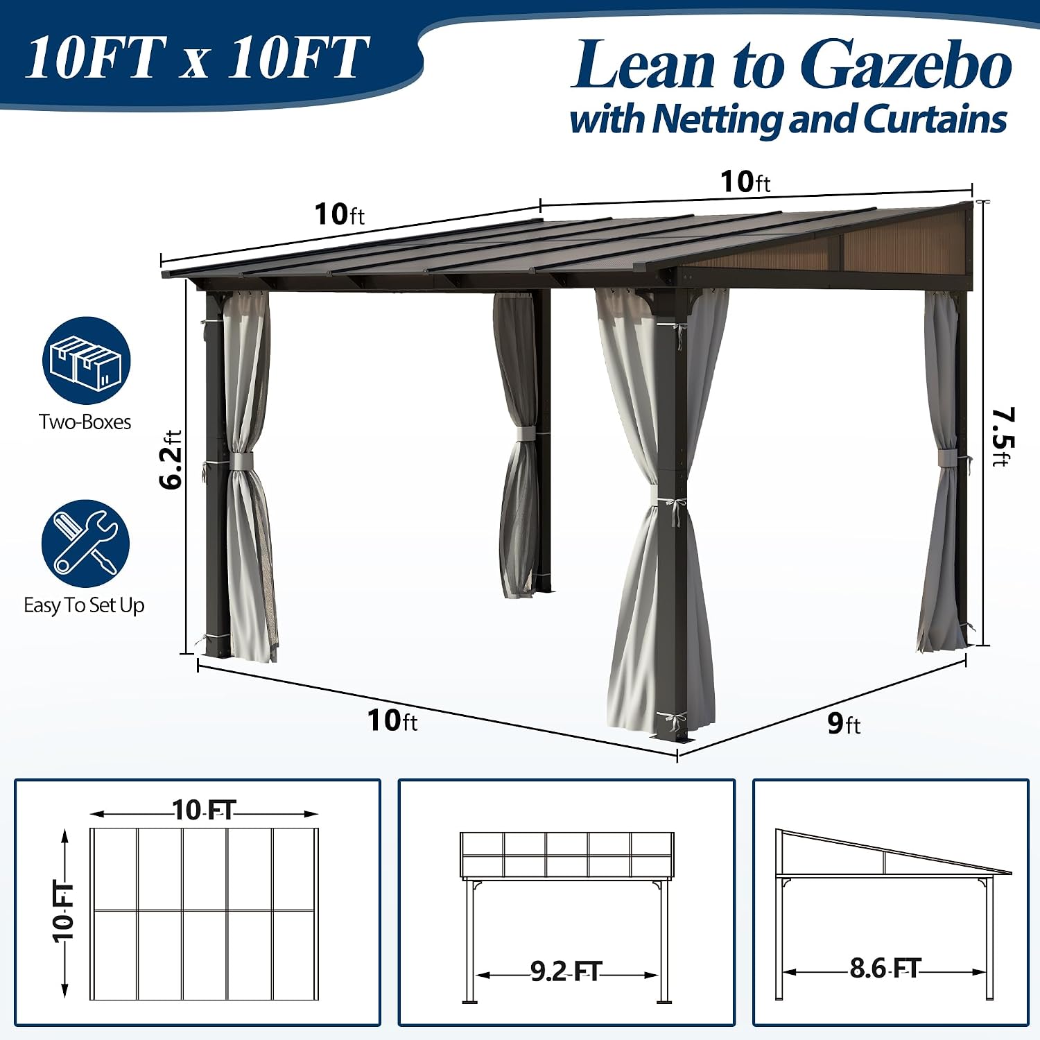 COVERONICS 10' X 10' Outdoor Polycarbonate Lean to Gazebo - Wall-Mounted Aluminum Frame Gazebo with Slope Hardtop, Patio Heavy-Duty Lean to Pergola with Netting & Curtains for Garden, Backyard, Deck