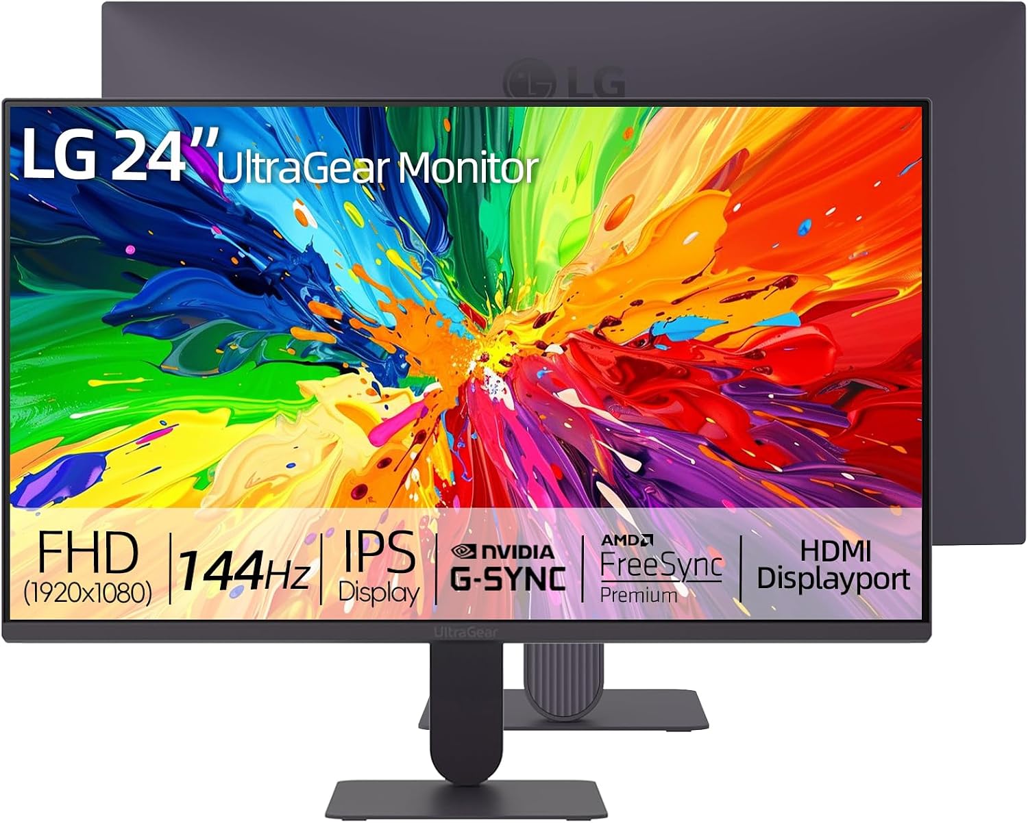 LG 24' Ultragear FHD Gaming Monitor, IPS Display, 144Hz Refresh Rate, 1ms MBR, HDR10, sRGB 99% Color Gamut, NVIDIA G-SYNC Compatible, AMD FreeSync, HDMI, DisplayPort, Vase Mountable, Tilt, Black