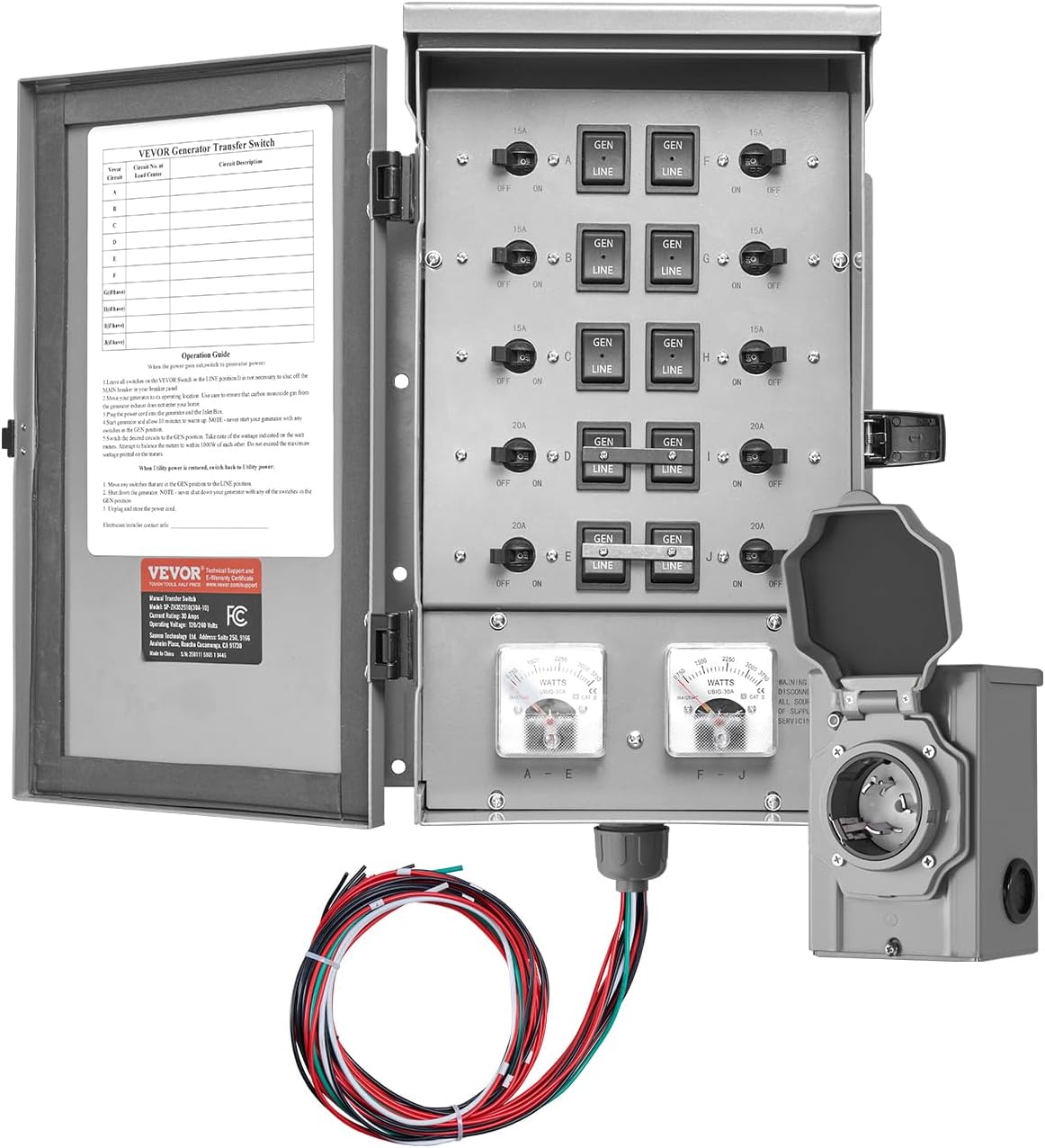 VEVOR Manual Transfer, 30-Amp 10-Circuit, Prewired Generator Transfer Kit with NEMA L14-30P Power Inlet Box, Double-Throw, NEMA 3R, Mechanical Watt Meter, for 7500W Generators