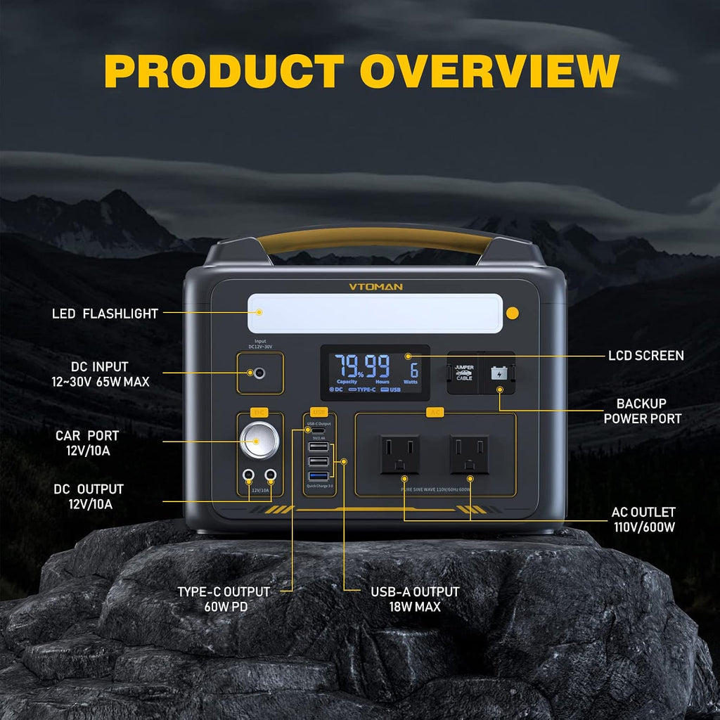 VTOMAN Jump 600X Portable Power Station with 110W Solar Panel, 600W/299Wh LiFePO4 Battery Solar Generator, 1200W AC Outlet, PD 60W USB-C, 3x Regulated 12V/10A DC for RV, Outdoor Camping, Home Backup