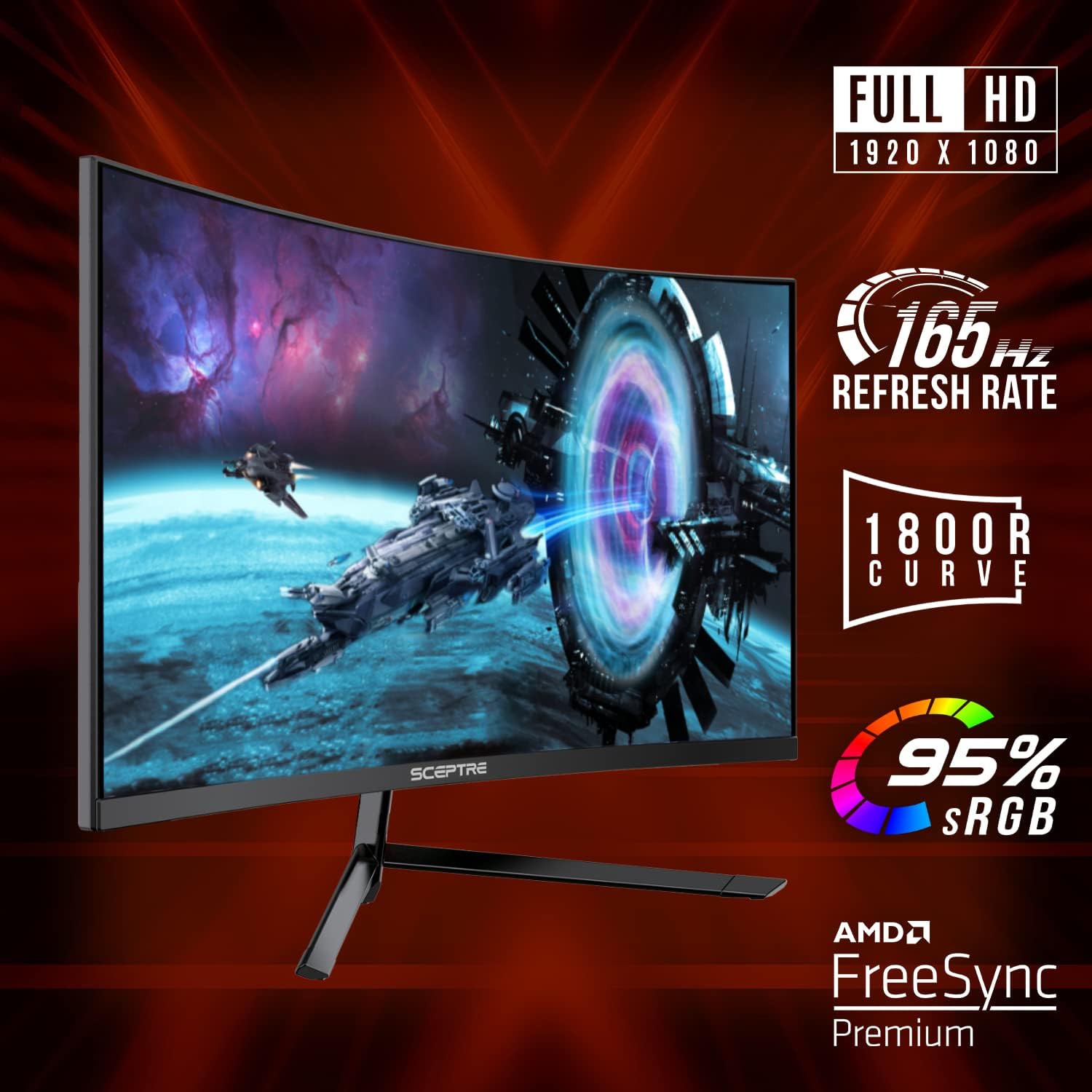 Sceptre Curved 27' FHD 1080p Gaming Monitor up to 165Hz DisplayPort 144Hz HDMI Edge-Less AMD FreeSync Premium, Build-in Speakers Machine Black 2021 (C275B-1858RN)