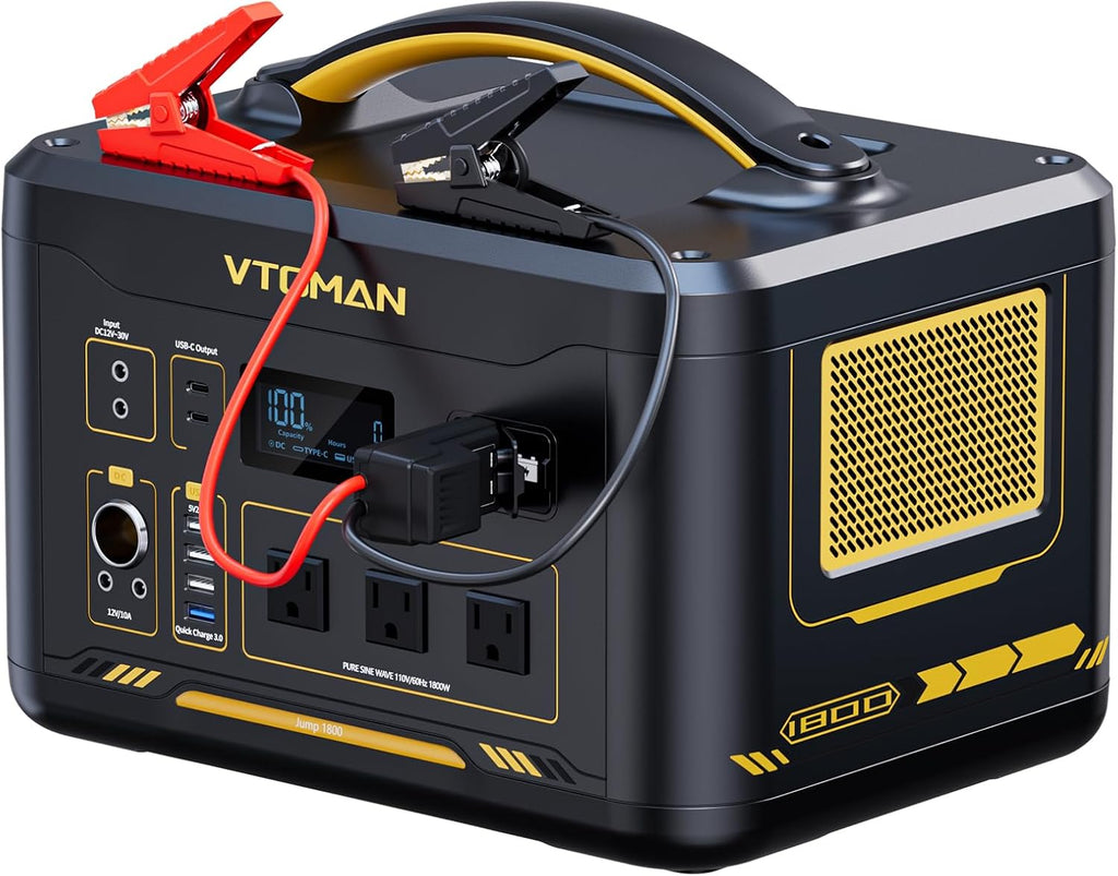 VTOMAN Jump 1800 Portable Power Station &12V Car Jump Starter, 1548Wh LiFePO4 Battery Solar Generator with Jumper Cable, 1800W 3xAC Outlets, 2xPD 100W for Camping Roadside Rescue