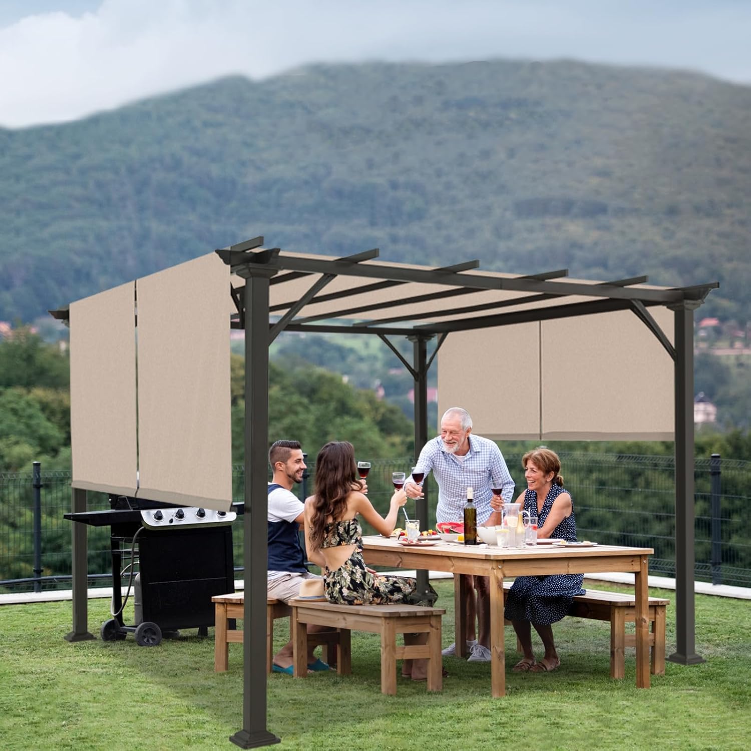 EAGLE PEAK 10x10 Outdoor Gazebo Pergola with Retractable Sun Shade Top for Patio, Garden, Backyard, Steel Frame, Beige