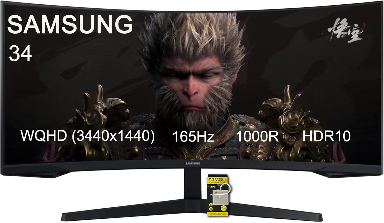 Samsung Odyssey 34 HDR Gaming Curved Monitor - 34 WQHD (3440 x 1440) 1000R - 165Hz - 1ms - HDR10-21:9 - AMD FreeSync Premium - G-SYNC - Flicker Free w/ICP Hub