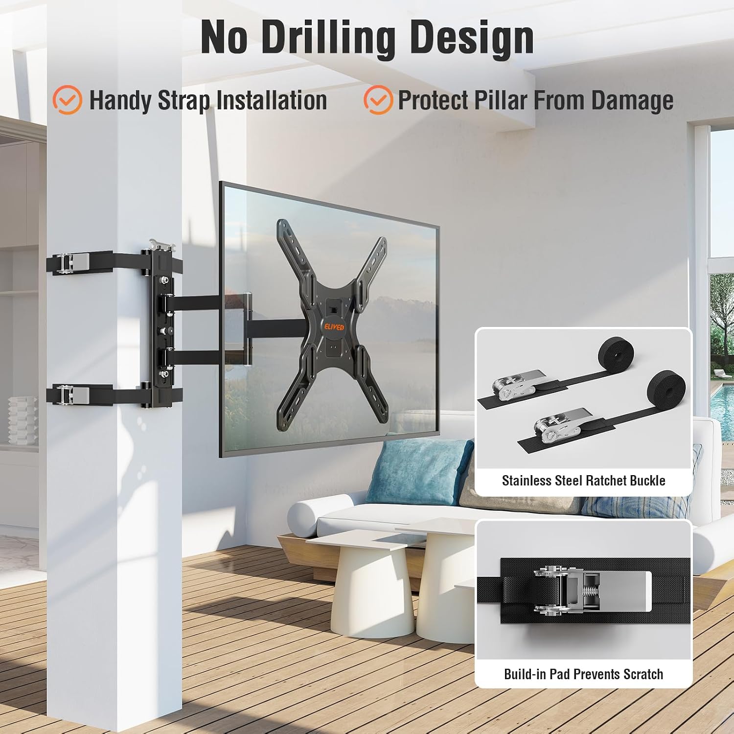 ELIVED Outdoor Pillar TV Mount for Most 26'-60' TVs, Column TV Mount Weatherproof for Gazebo Patio Pergola, No Drill tv Bracket Swivel and Tilt, Fits Multi-Shaped Poles, Max VESA 400x400mm, 77 Lbs.