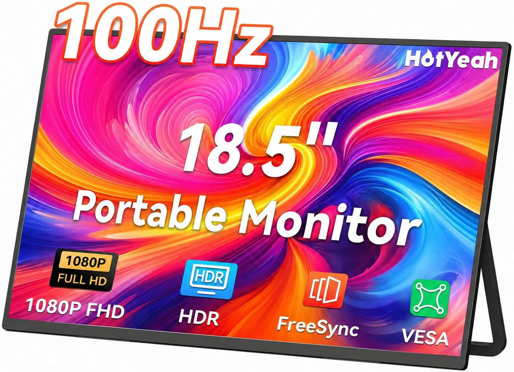 HotYeah Portable Monitor, 18.5' 1080P 100Hz 125% sRGB Laptop Monitor USB-C HDMI External Computer Display HDR FreeSync w/Kickstand & Speaker, 2nd Screen for Laptop PC Mac Phone Tablet Switch PS5 Xbox