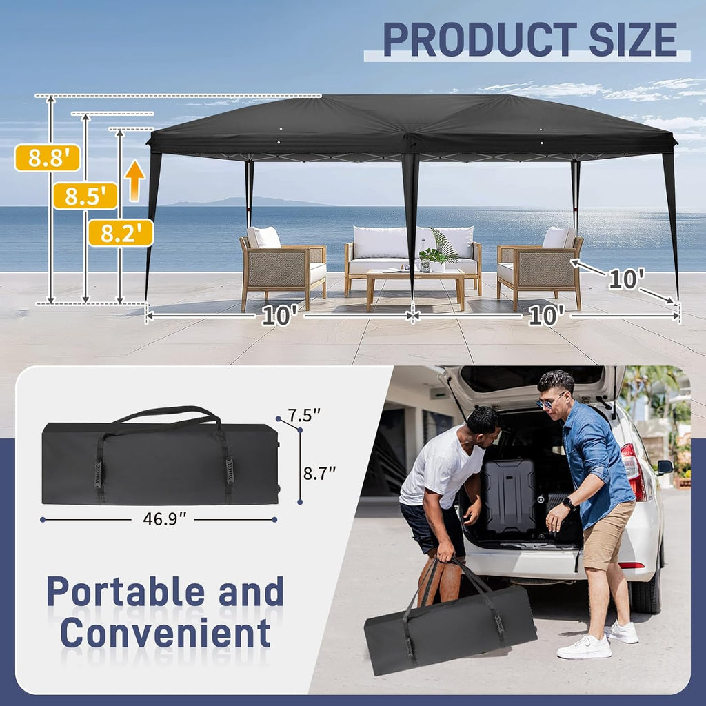 VINGLI 10x20 ft Pop Up Canopy Tent with 6 Sidewalls with Carry Bag, Outdoor Canopy Patio Event Tent Commercial Canopy(Black)