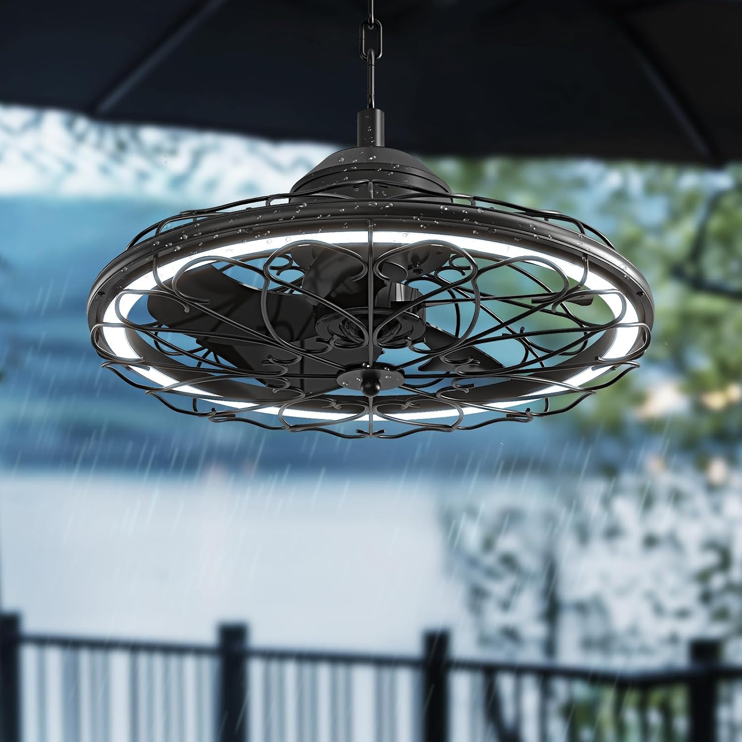 20' Outdoor Ceiling Fan, IP65 Waterproof Gazebo Fan with Light, Remote Control，6 Speeds，3CCT, Plug in Caged Ceiling Fan with Hanging Hook for Patio, Porch, Canopy