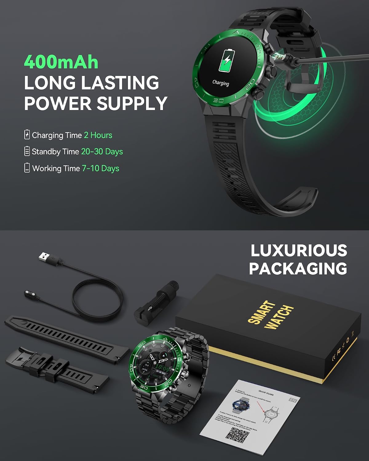 SOUYIE Men's Luxury Smart Watch - 1.43' AMOLED Display Smartwatch with HD Bluetooth Calling, 400mAh 30-Day Battery, 100+ Sports Modes, Health Monitor with Metal/Silicone Straps for Android iPhone
