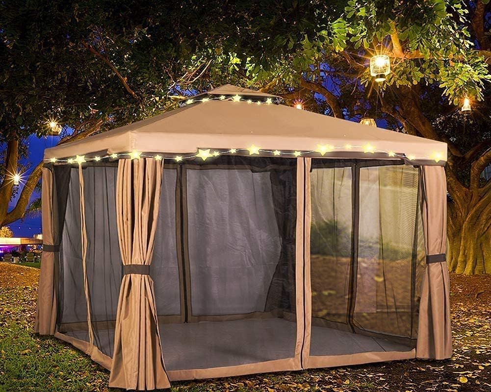 Skiway 10'x 10' Patio Gazebo Canopy Outdoor Tent Shelter with Double Square Tops, Shade Curtains and Mosquito Netting -Brown, Front Porch