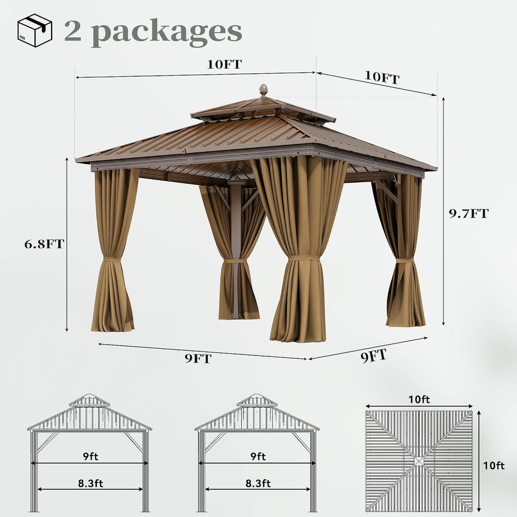 YITAHOME 10x10ft Hardtop Gazebo with Nettings and Curtains, Aluminum Frame Heavy Duty Double Roof Galvanized Steel Outdoor for Patio, Backyard, Deck (Bronze)