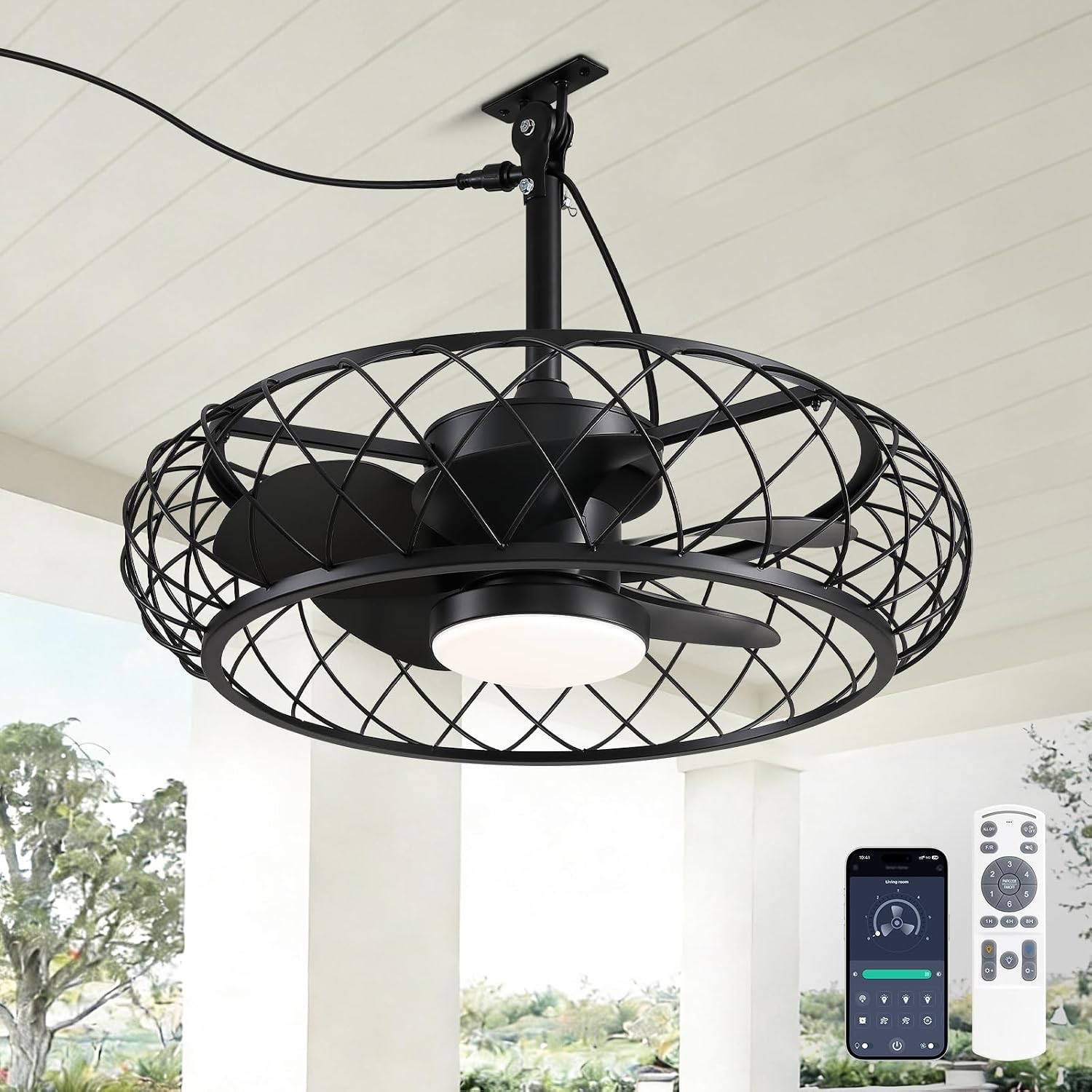 24' Outdoor Ceiling Fan with Light Hanging Plug in Caged Gazebo Fan Remote APP Control 3CCT Dimmable, Quiet Reversible DC Motor Waterproof for Patio Pergola Porch Canopy Black