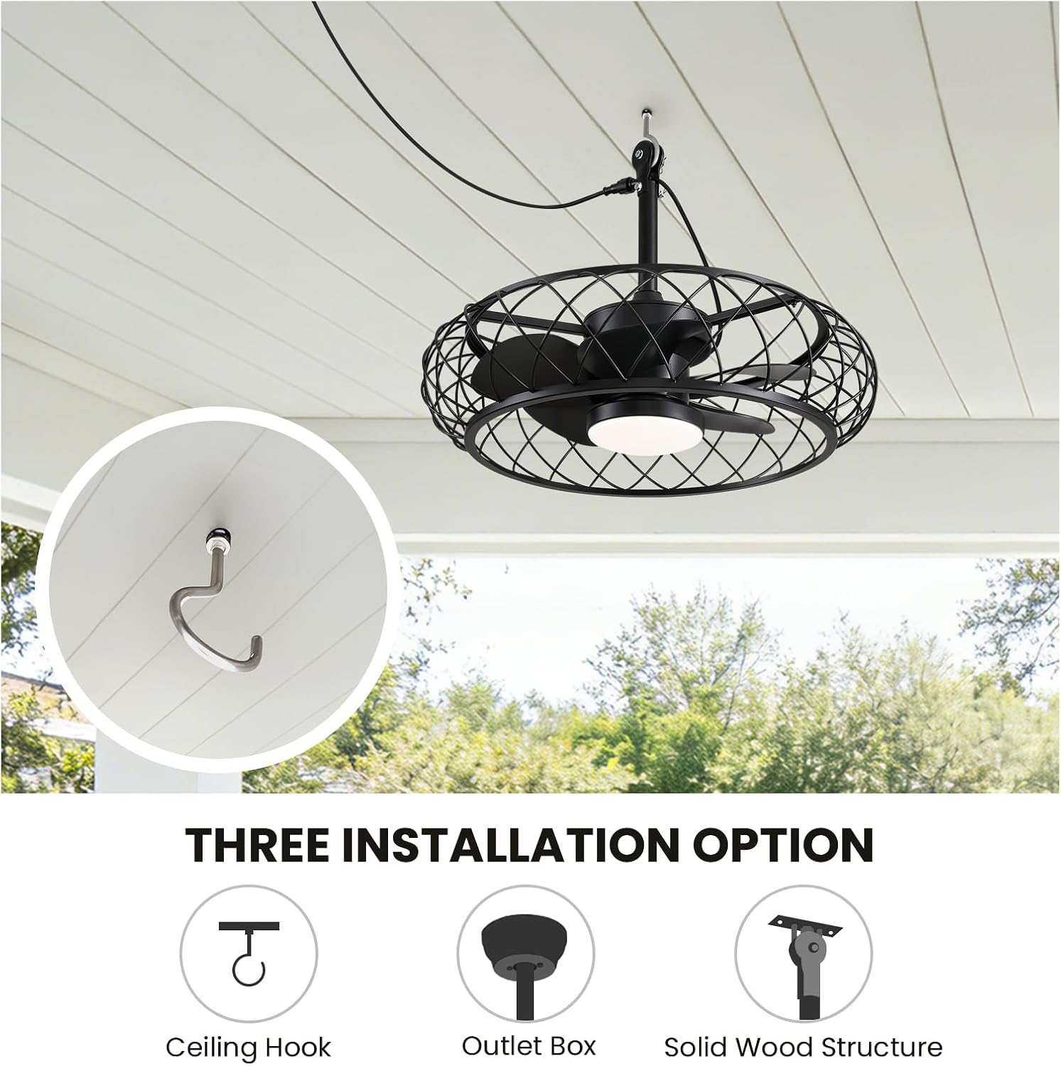 24' Outdoor Ceiling Fan with Light Hanging Plug in Caged Gazebo Fan Remote APP Control 3CCT Dimmable, Quiet Reversible DC Motor Waterproof for Patio Pergola Porch Canopy Black