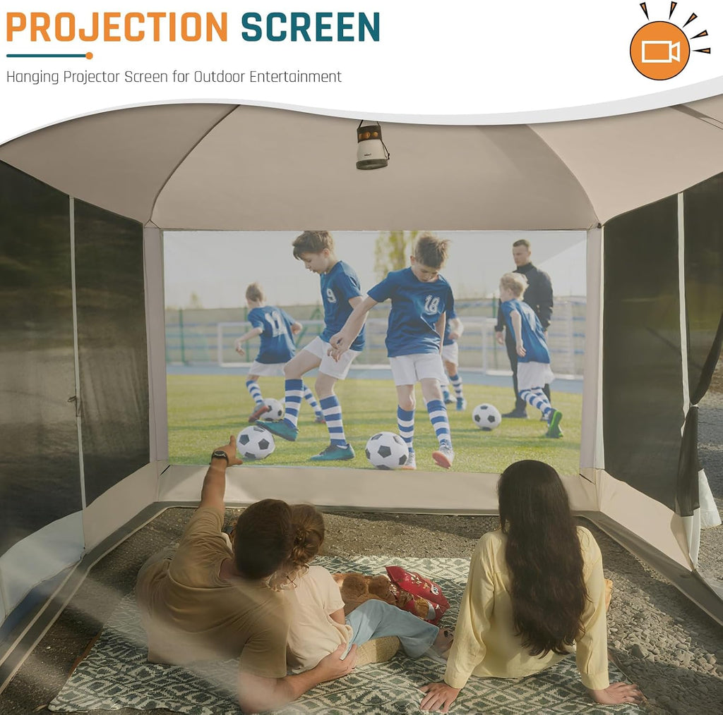 Magnetic Screen House Tent 13x9ft Screen Room Mesh Gazebos w/ 2 Magnetic Doors, Included Projection Screen, Camping Tent Screened Canopy Shelter for Outdoor Patios Backyards Activities (Beige)