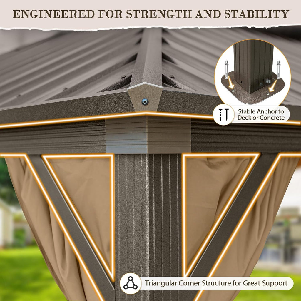 EAGLE PEAK 12x12 Hardtop Gazebo, Galvanized Steel Double Roof with Aluminum Frame, Outdoor Pavilion with Netting and Curtains for Patio, Deck, Lawn and Garden, Dark Brown/Tan