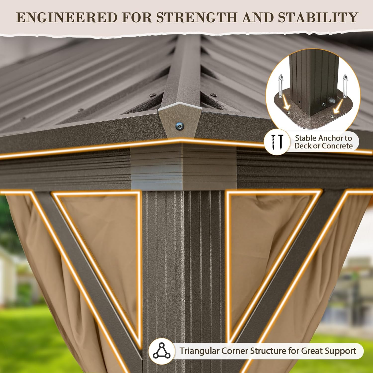 EAGLE PEAK 12x12 Hardtop Gazebo, Galvanized Steel Double Roof with Aluminum Frame, Outdoor Pavilion with Netting and Curtains for Patio, Deck, Lawn and Garden, Dark Brown/Tan