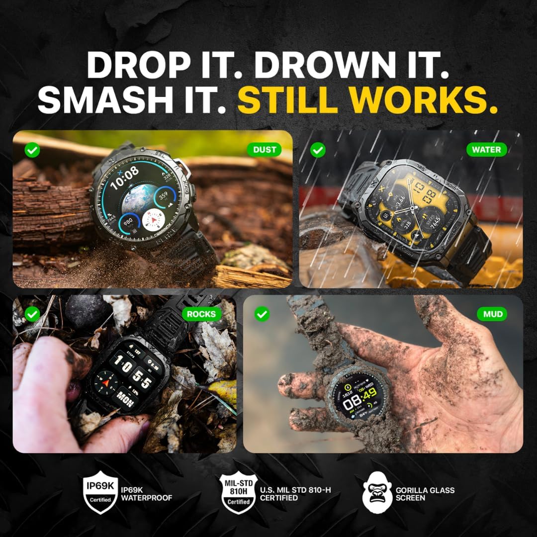 CARBINOX Blaze Smart Watch with GPS – Rugged Fitness Trackers, IP69K Waterproof, 170+ Sports Modes, Gorilla Glass, Make/Receive Calls, Android & iOS Compatible