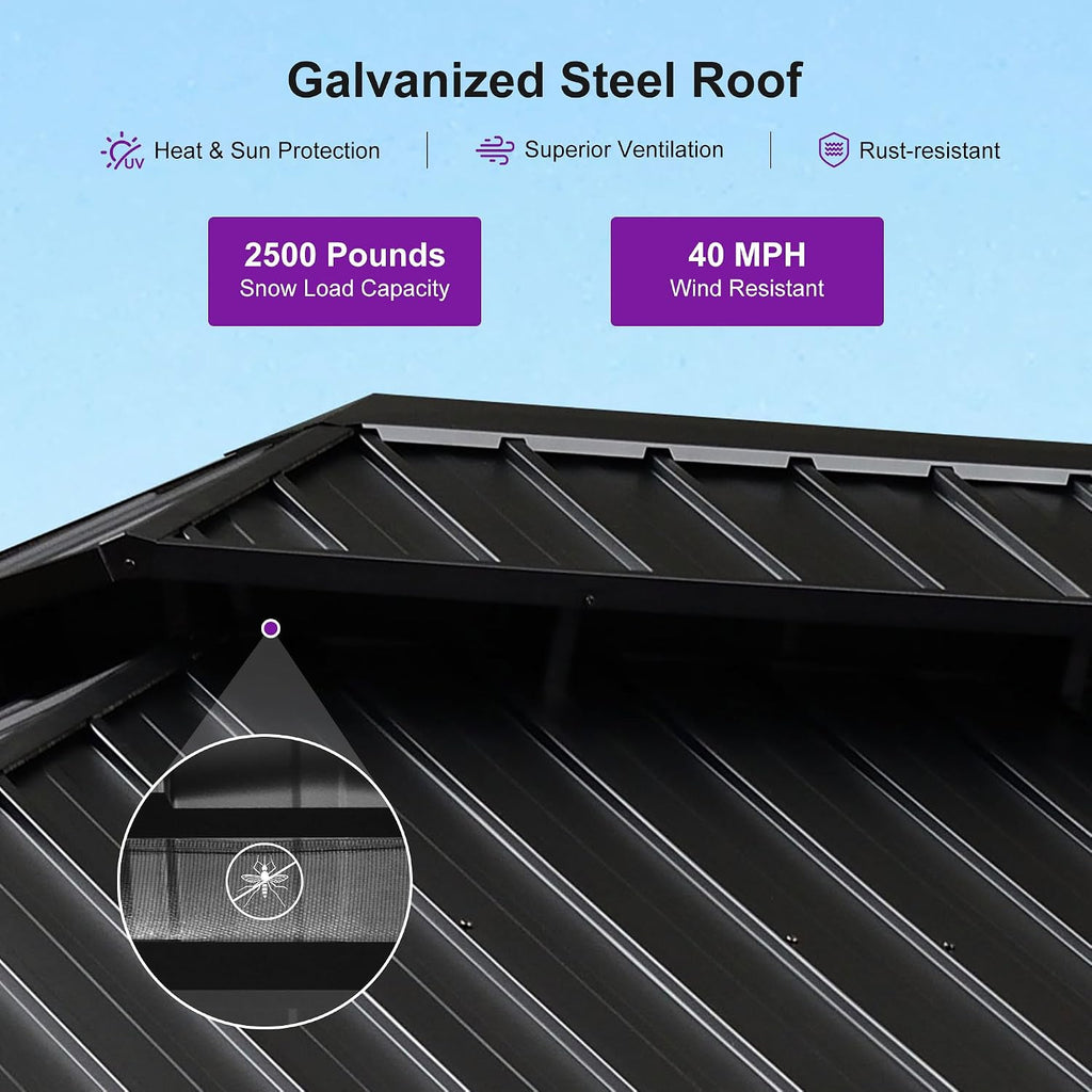 PURPLE LEAF 12' X 16' Outdoor Hardtop Gazebo for Patio Galvanized Steel Double Roof Permanent Canopy Aluminum Frame Pavilion Gazebo with Netting and Lights