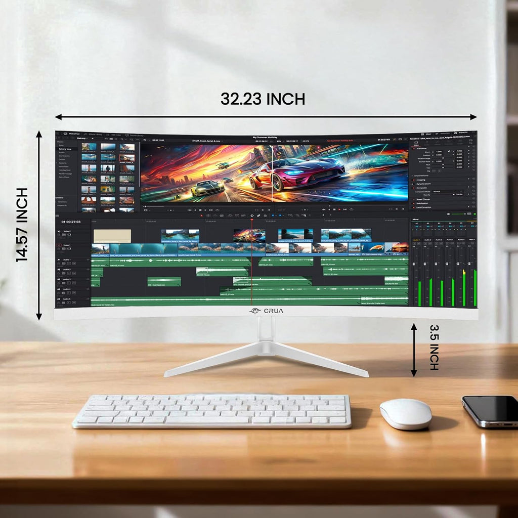 CRUA 34 Inch Ultrawide Curved Monitor, 21:9 UWQHD 3440x1440 100Hz 3800R IPS White Computer Monitors, FreeSync, Built-in Speakers, 120% sRGB, Blue Light Filter, HDMI 2.0 & DP 1.4, Wall Mountable