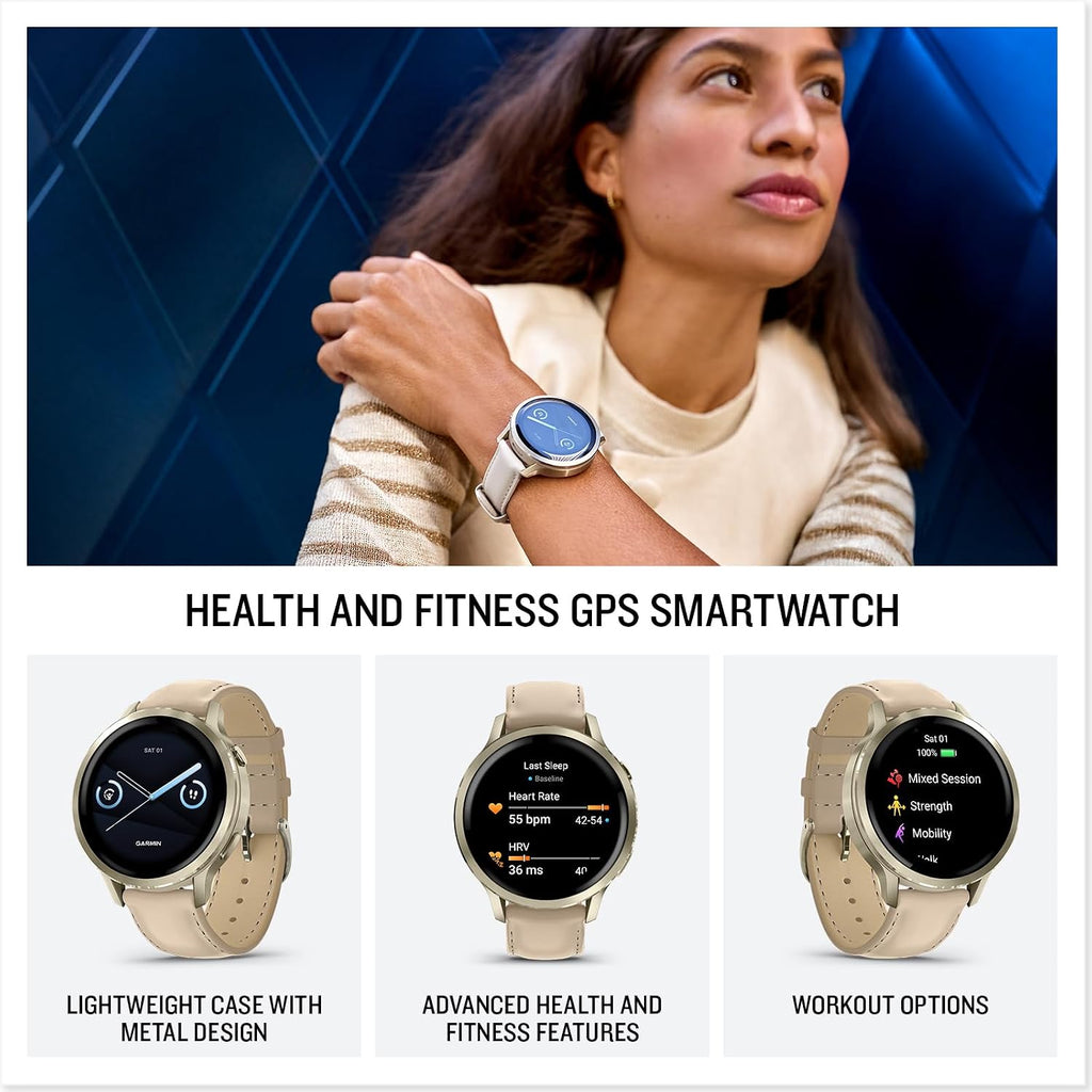 PlayBetter Garmin Venu 4 (Lunar Gold/Light Sand Leather, 41mm) Fitness GPS Smartwatch Bundle - AMOLED Display, Built-in Flashlight, Long Battery Life Portable Charger & HD Screen Protectors