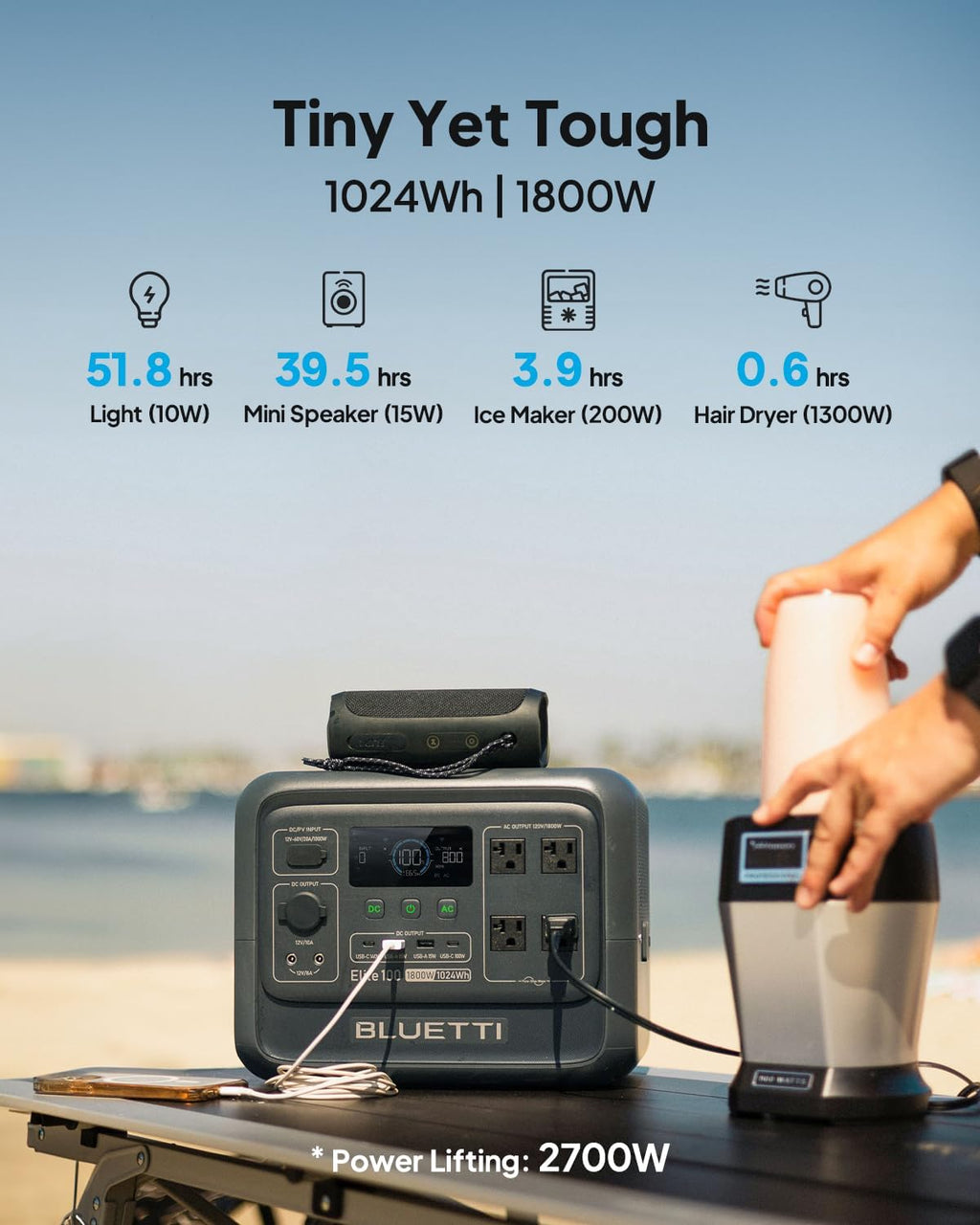 BLUETTI Elite 100 V2 Portable Power Station and Solar Cable, 1024Wh LFP Battery Backup w/ 4 1800W AC Ports (3600W Surge), 35% Smaller, Fast Charge and UPS Solar Generator for Camping, Road Trip
