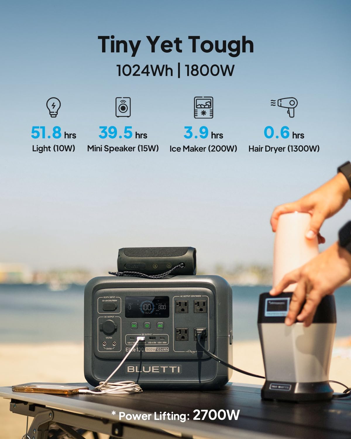 BLUETTI Elite 100 V2 Portable Power Station and Solar Cable, 1024Wh LFP Battery Backup w/ 4 1800W AC Ports (3600W Surge), 35% Smaller, Fast Charge and UPS Solar Generator for Camping, Road Trip