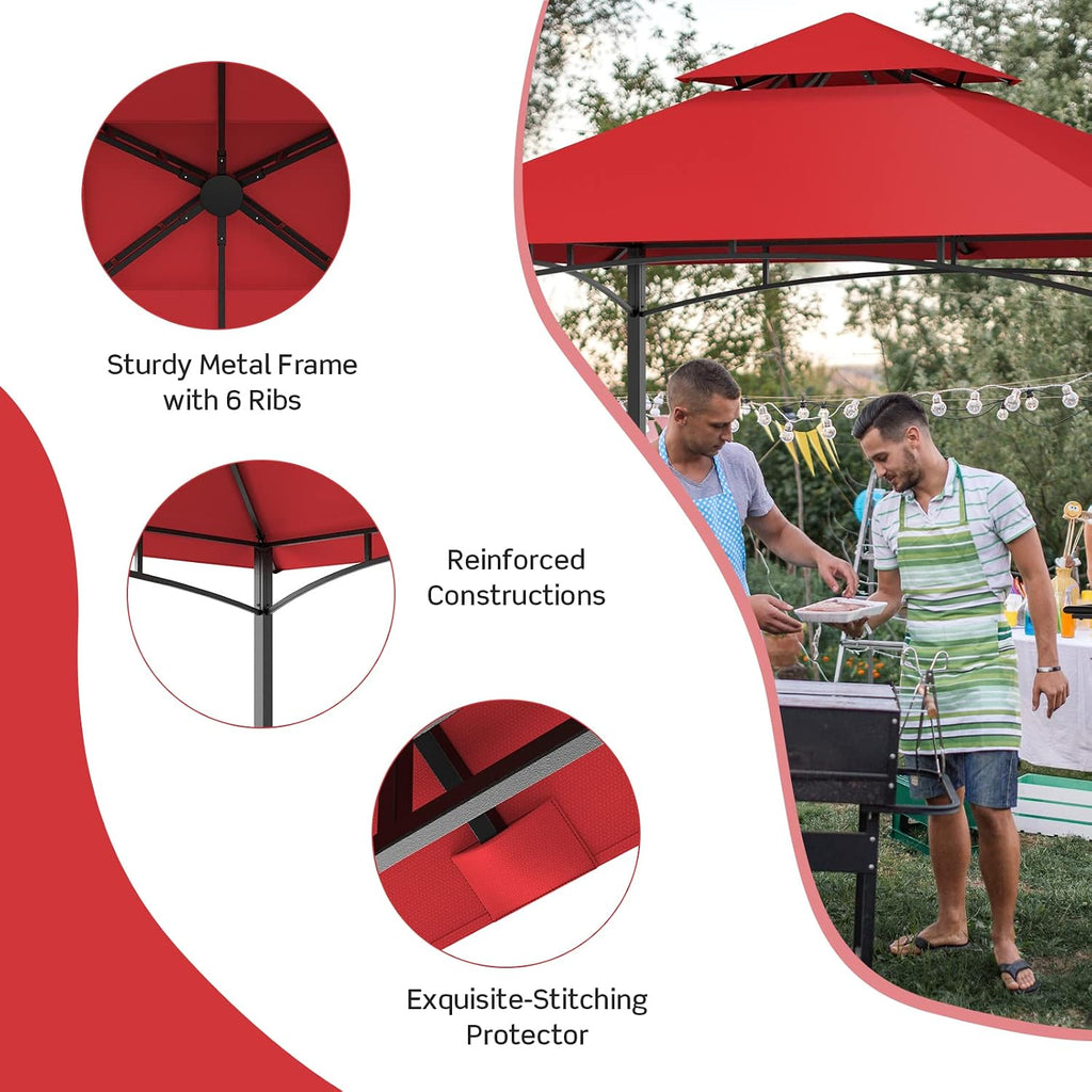 Tangkula 8x5 Ft Grill Gazebo, Double Tiered Outdoor Barbecue Grill with 2 Side Shelves, 5 Hooks, Bottle Opener for Patio, Garden, Beach, Backyard (Wine)