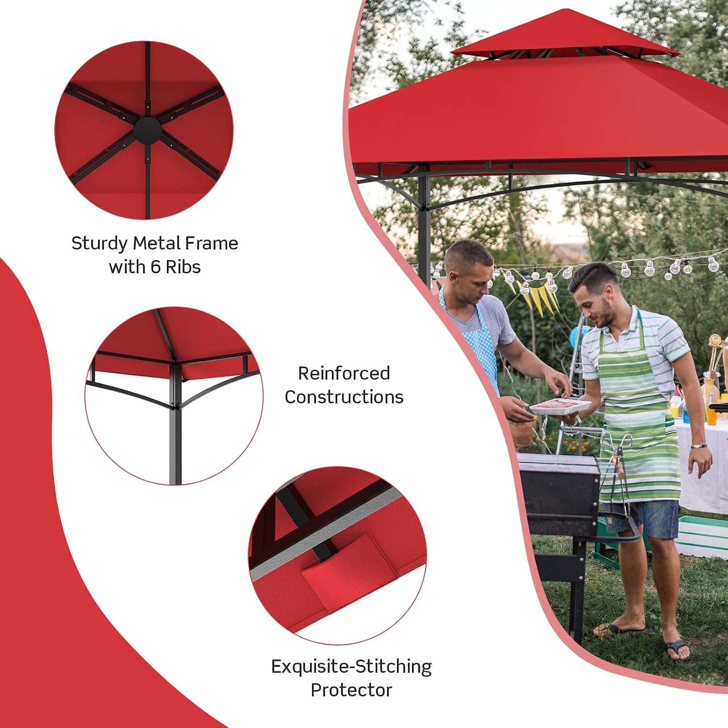 Tangkula 8x5 Ft Grill Gazebo, Double Tiered Outdoor Barbecue Grill with 2 Side Shelves, 5 Hooks, Bottle Opener for Patio, Garden, Beach, Backyard (Wine)