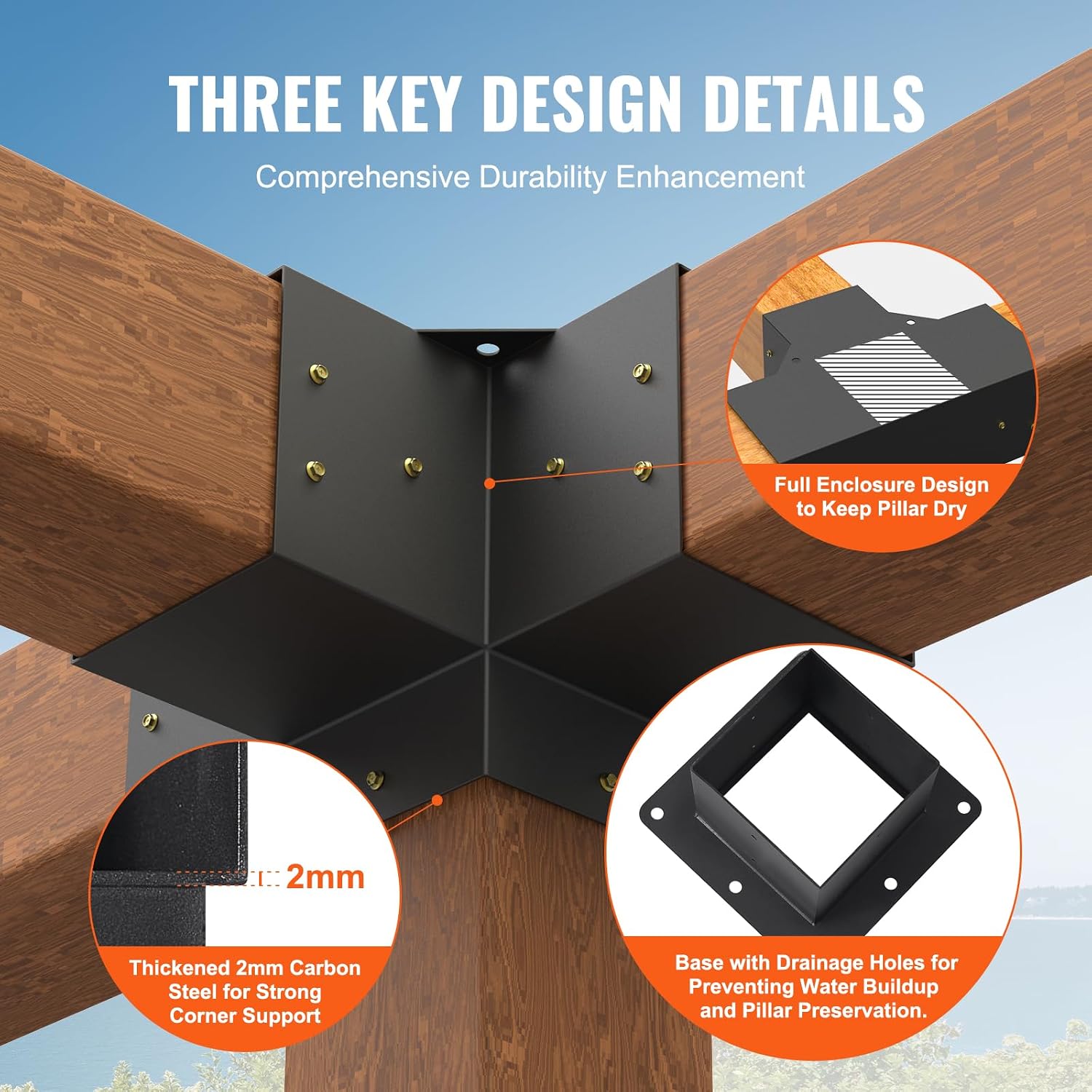VEVOR Pergola Bracket Kit 6''x6''(Inner Size 5.6x5.6), 4pcs 4-Way Heavy Duty Corner Bracket Woodworks DIY Post Base Kit, Easy Installation Wooden Beams for Gazebos, Patio Pergolas, Log Cabin