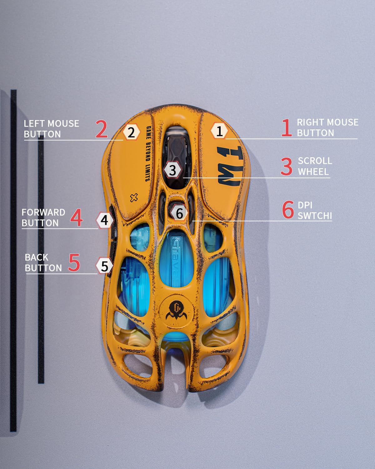 GravaStar Mercury M1 Pro Gaming Mouse, Lightweight Magnesium Alloy, 26,000 DPI, PAW3395DM Sensor, 5 Programmable Buttons, Support Wired/2.4GHz/BT, Up to 200 Hours Battery Life (Battle-Yellow)