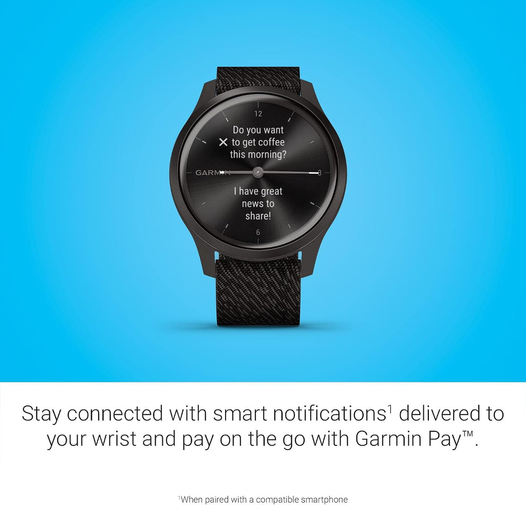 Garmin vivomove Style, Hybrid Smartwatch with Real Watch Hands and Hidden Color Touchscreen Displays, Graphite with Black Woven Nylon Band